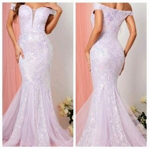 Mauve/Purple, Contrast Sequin and Contrast Mesh Mermaid Maxi Formal Gown